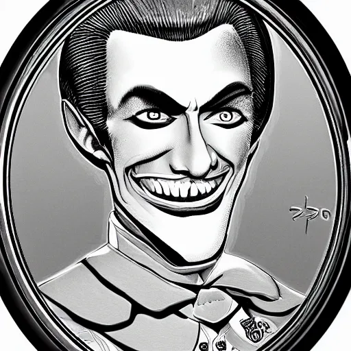 Prompt: a new coin design featuring a portrait of Count Chocula. shiny silvery mirror surface