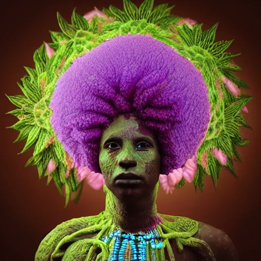 Image similar to an african marijuanna! shaman with an afro made of flowers, third eye art art by machina infinitum, complexity from simplicity, rendered in octane, mandelbulb 3 d, ambient occlusion, radiant lighting, macro photography, felt!!! texture, tribal, pastel! retrowave