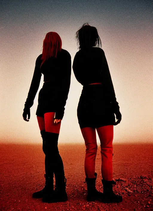 Image similar to cinestill 5 0 d photographic portrait of two loving female androids wearing rugged black techwear on a desolate plain with a red sky, extreme closeup, lizard on ground, cyberpunk style, in front of a brutalist dark metal facility, dust storm, 3 5 mm, hd, high resolution, 8 k, f / 3 2, ultra realistic faces
