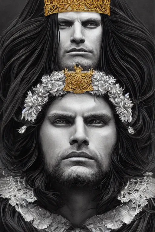 Image similar to portrait of the God Emperor of Mankind, long black hair, laurel wreath crown, black tuxedo, fantasy, intricate, elegant, realistic, highly detailed, digital painting, artstation, concept art, smooth, sharp focus, illustration, art by artgerm and greg rutkowski and alphonse mucha