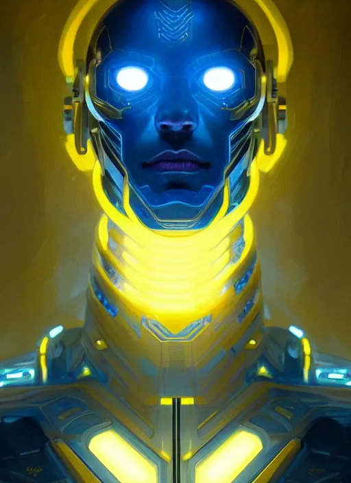 Image similar to symmetry!! portrait of a strong man, sci - fi, tech wear, blue and yellow glowing lights!! intricate, elegant, highly detailed, digital painting, artstation, concept art, smooth, sharp focus, illustration, art by artgerm and greg rutkowski and alphonse mucha