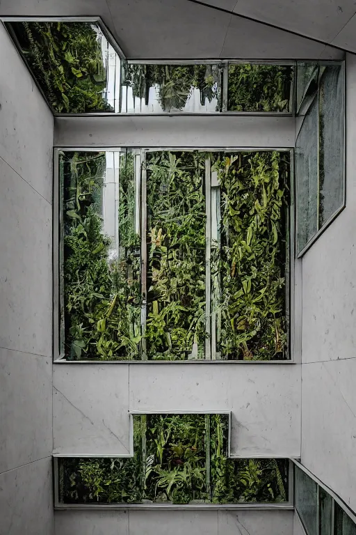 Image similar to Medium Format Portrait Photo of a modern architectural interior made of mirrors with many beautiful plants and flowers. award winning, highly detailed, depth of field, Cinestill 800t, wide shot, photo print.