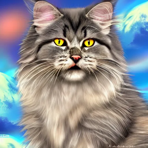 Image similar to Detailed shiny Siberian cat sitting on the moon, digital art