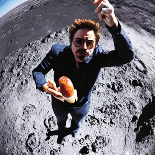 Image similar to robert downey jr eating a delicious hot dog on the surface of the moon, taken with a selfie stick, fisheye lens