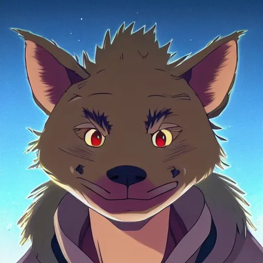Image similar to key anime visual still portrait of beastars anthropomorphic anthro male spotted hyena furry fursona, handsome eyes, school uniform, in a city park at night, official studio anime still