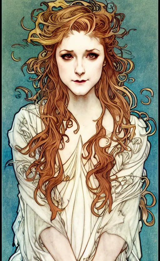 Image similar to in the style of artgerm, arthur rackham, alphonse mucha, evan rachel wood, symmetrical eyes, symmetrical face, flowing white dress, hair blowing, full body, intricate filagree, warm colors, cool offset colors