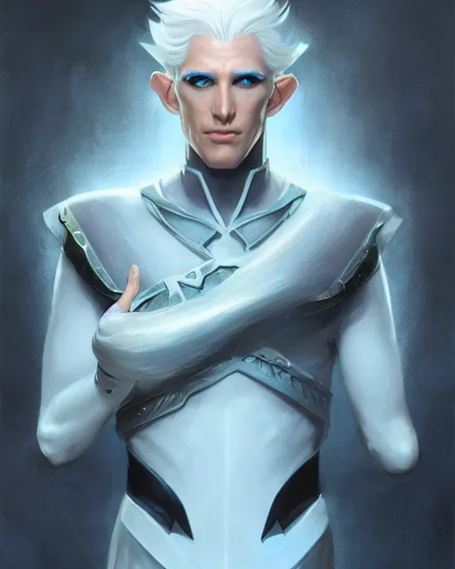 Image similar to character portrait of a slender young half elven man with white hair, piercing blue eyes, and pale blue skin, wearing sleek pearlescent black armor, by greg rutkowski and mark brookes and jim burns and tom bagshaw and magali villeneuve, trending on artstation