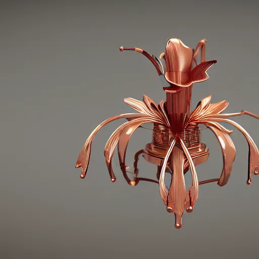 Prompt: a biomechanical orchid flower made of metal, reflective octane render