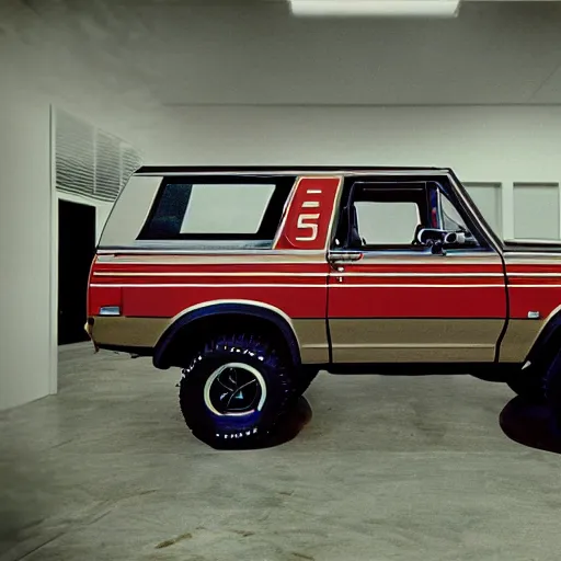 Prompt: 1984 Grand National Bronco, inside of an auto dealership, ektachrome photograph, volumetric lighting, f8 aperture, cinematic Eastman 5384 film