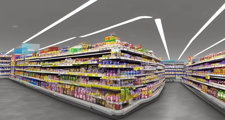 Image similar to vast futuristic supermarket with endless empty shelves, vray render, hyperrealistic, highly detailed