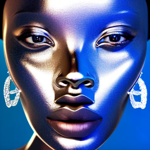 Image similar to portrait of metallic face, african woman, mercury, reflections, smooth texture, liquid metal, proud looking, outdoor, nature, blue sky, 8 k, realistic, depth of field, highly detailed, art photography
