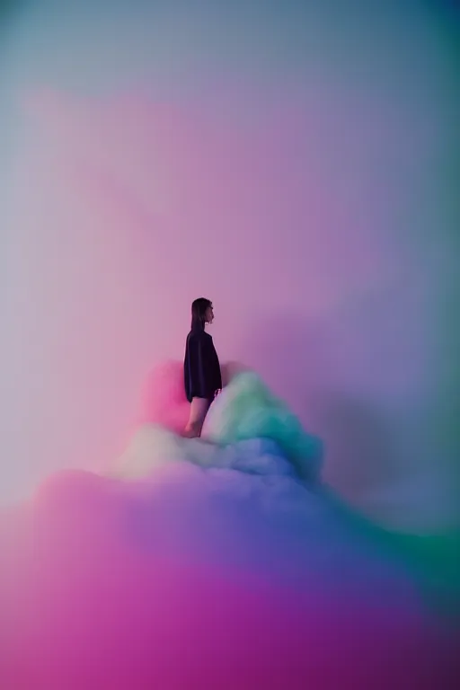 Image similar to high quality pastel coloured film close up wide angle photograph of a model wearing clothing swimming on cloud furniture in a icelandic black rock!! environment in a partially haze filled dreamstate world. three point light, rainbow. photographic production. art directed. pastel colours. volumetric clouds. pastel gradient overlay. waves glitch artefacts. extreme facial clarity. 8 k. filmic.