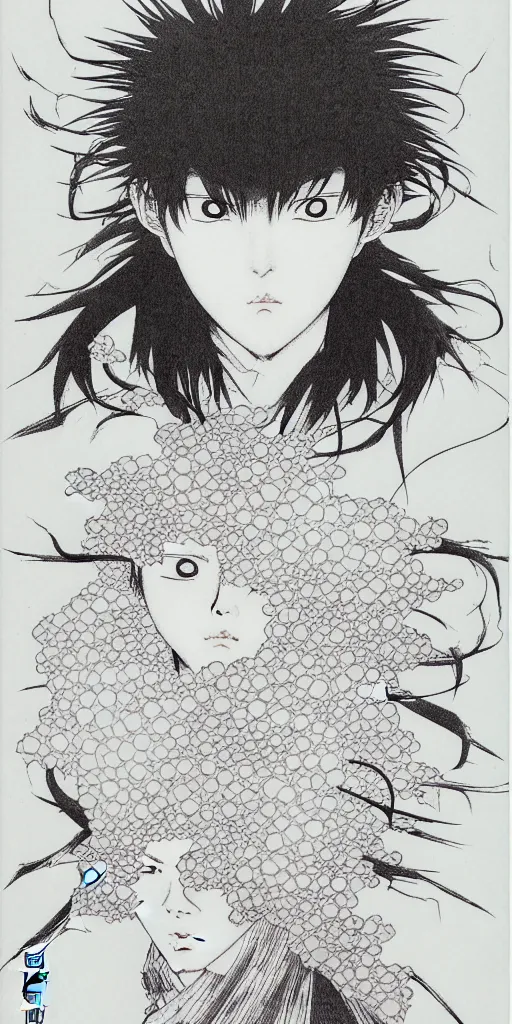 Image similar to prompt: Fragile looking figure, portrait face drawn by Takato Yamamoto and Katsuhiro Otomo, full body character drawing, inspired by Evangeleon and Akira 1988, clean ink detailed line drawing, intricate detail, manga 1980, portrait centric composition