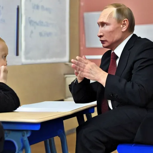 Prompt: a still of vladimir putin being scolded by a teacher at school