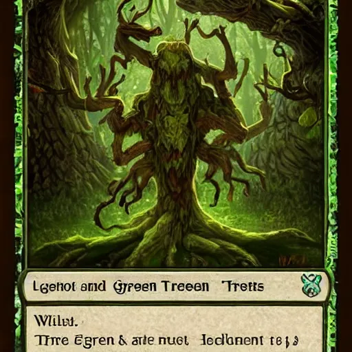 Image similar to green old treant, treant made of leaves and roots, old tree, old humanoid ents, epic fantasy style, green theme, forest background, hearthstone artwork