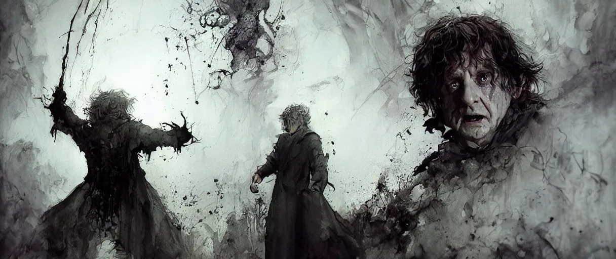 Image similar to concept art of scary bilbo baggins scene from lord of the rings, jumpscare scene with ian holm from fellowship of the ring by emil melmoth zdzislaw beksinki craig mullins yoji shinkawa realistic render ominous detailed photo atmospheric by jeremy mann francis bacon and agnes cecile ink drips paint smears digital glitches glitchart