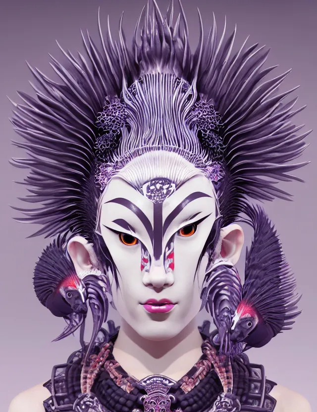 Image similar to 3 d goddess close - up profile simple portrait punk with mohawk with ram skull. beautiful intricately detailed japanese crow kitsune mask and clasical japanese kimono. betta fish, jellyfish phoenix, bio luminescent, plasma, ice, water, wind, creature, artwork by tooth wu and wlop and beeple and greg rutkowski