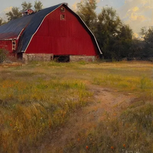 Image similar to Richard Schmid and Jeremy Lipking full length portrait painting of an old and worn red barn