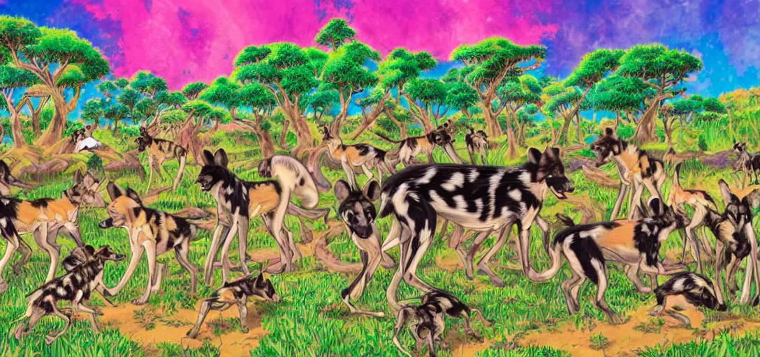 Prompt: pack of african wild dogs near a watering hole, painted by studio ghibli studio matako Lisa Frank with psychedelic colors