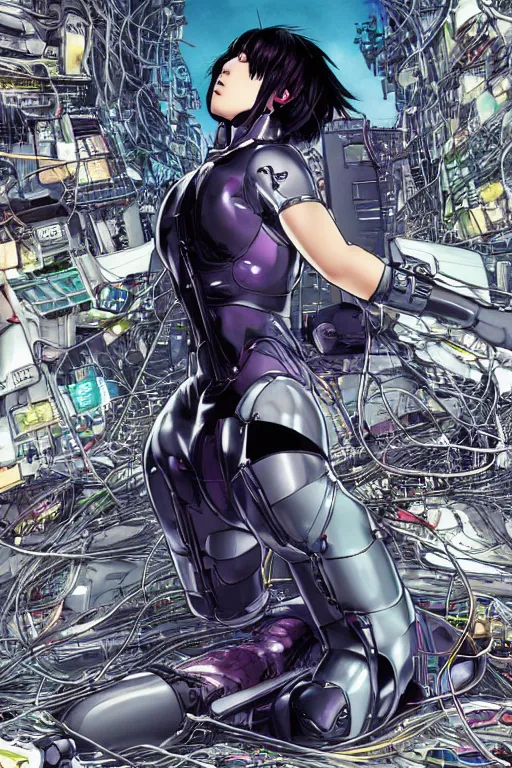 Image similar to ultra coherent motoko kusanagi kneeling on a white in style of masamune shirow, empty floor, with a mess of wires and cables coming out of her head and backside, by Yukito Kishiro and katsuhiro otomo, illustration, cyberpunk, hyper-detailed, colorful, complex, intricate, masterpiece, epic