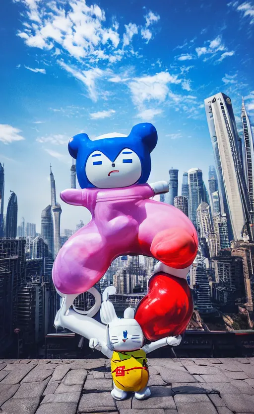 Image similar to a < 3 d plastic doraemon > melting in the heat outdoors, shanghai in the background, heat wave, fierce sunlight, digital art, high definition photo, 8 k