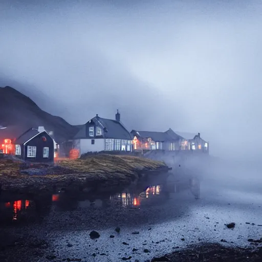 Image similar to icelandic fishing village with rustic architecture. cyberpunk style. apocalyptic style. photo. photorealistic. nebulous. fog.