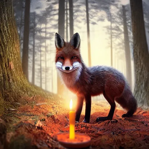 Prompt: a beautiful hyper realistic ultra detailed lifelike matte painting of a fox in front of a candle in a forest, unreal engine, deviantart, flickr, artstation, octane render, textured, colorful, extreme realistic detail, physically based rendering, pbr render, very detailed, volumetric lighting, detailed lighting, octane render, 4 k, cinematic lighting, 8 k resolution