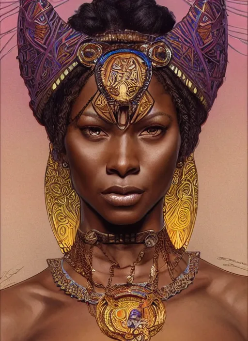 Prompt: Gina Tores as a beautiful african warrior woman, intricate, elegant, highly detailed, centered, digital painting, artstation, concept art, smooth, sharp focus, illustration, art by artgerm and donato giancola and alphonse mucha