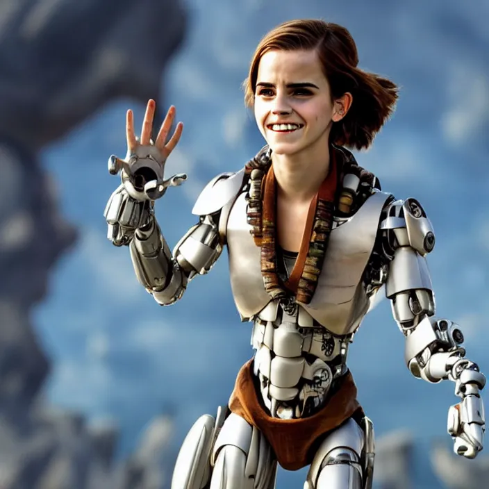 Image similar to Joyful! smiling Emma Watson wearing cyborg prosthetic, from The emperor's new groove (2000). Clear body. Light Clothes. Cinematic. Professional Photo. Low angle. 8k. Clear Face.