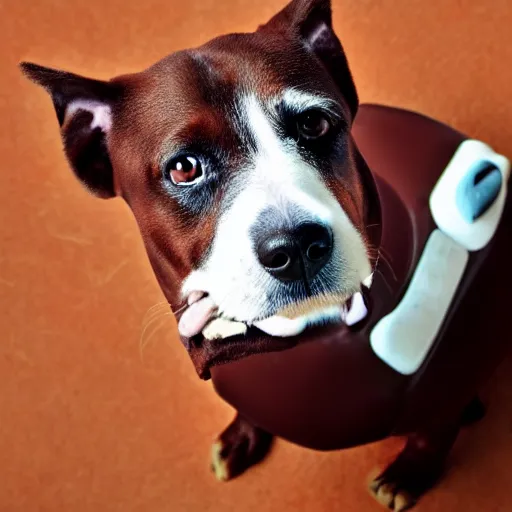 Prompt: photo of dog swimming in chocolate pudding