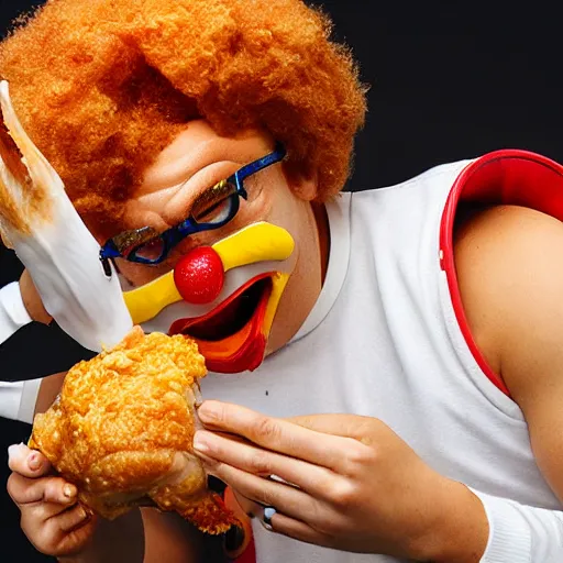 Prompt: Ronald McDonald eating a chicken leg out of a KFC bucket, hyper realistic, photography
