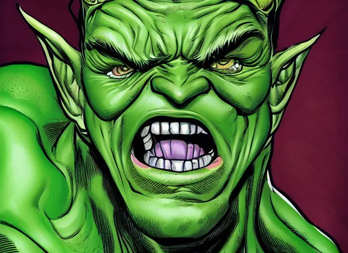 Image similar to portrait of hyper realistic comic green goblin