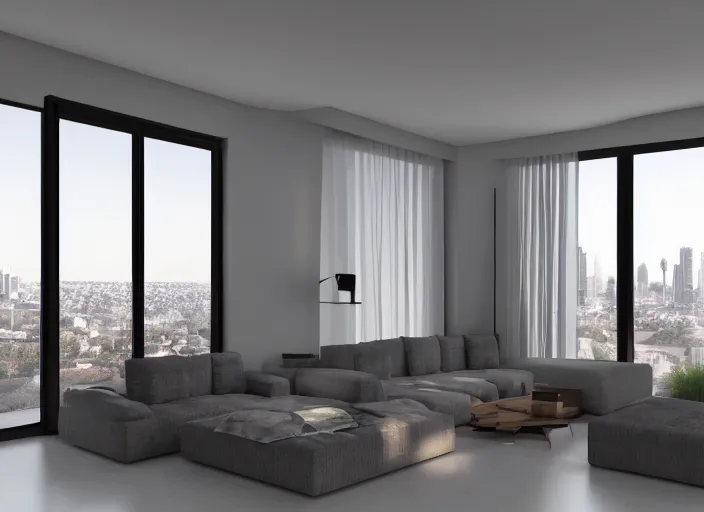 Image similar to 3 d render of a modern open plan apartment interior, floor to ceiling windows, 4 k