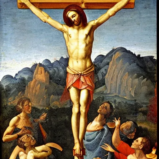 Image similar to Crucified Wasp on the Golgota, renaissance oil painting,