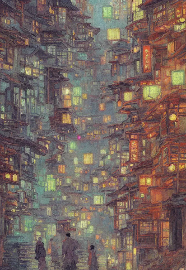 Prompt: a beautiful japanese city in the mountain, amazing ryokans and gorgeous edo era houses, epic cyberpunk, lofi vibe, colorful, vivide colors, amazing light, really beautiful nature, oil painting in impressionist style, by jeremy lipkin, by claude monet, by makoto shinkai, kandinsky touches, multiple brush strokes, inspired by ghibli, masterpiece, beautiful