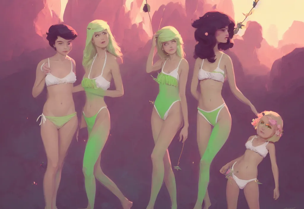 Image similar to portrait of joe biden and two cute fairies in flower bikinis standing together, fantasy, by atey ghailan, by greg rutkowski, by greg tocchini, by james gilleard, by joe gb fenton, dynamic lighting, gradient light green, brown, blonde cream, salad and white colors in scheme, grunge aesthetic