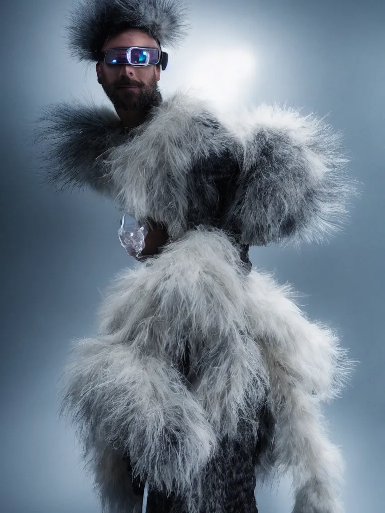 Prompt: full body portrait of a shaman with transparent crystal prosthetic legs and brain to brain sensing interface virtual reality headset and feathered furry biocouture coat dancing inside a cumulonimbus storm