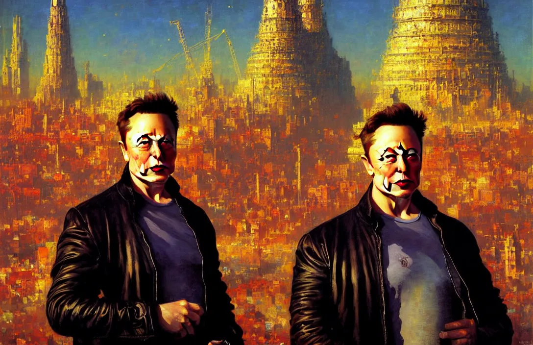 Image similar to portrait of elon musk!!!!!!!!!!!!!!!!!!!!!!!!!!!, detailed face, detailed painting, detailed city background, epic lighting, by ilya repin and phil hale