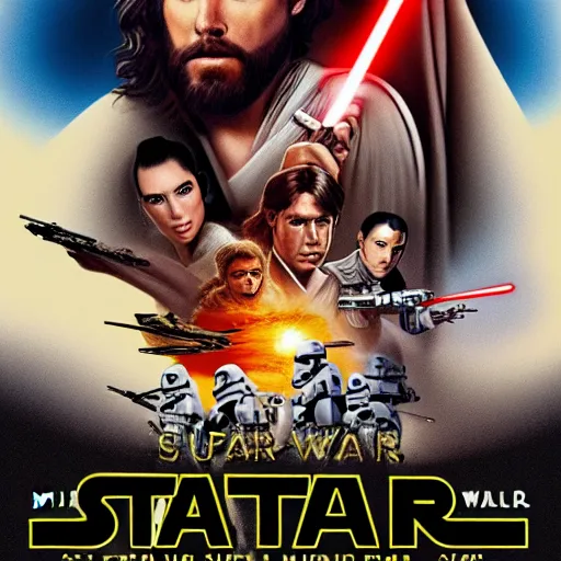 Image similar to super detailed star wars movie poster with Jesus Christ and kim kardashian, 8k full HD photo, cinematic lighting, anatomically correct, oscar award winning, action filled, correct eye placement,