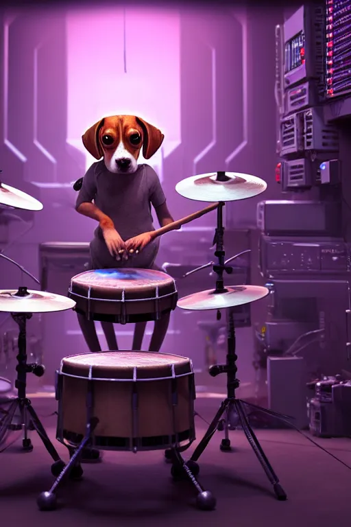 Image similar to high quality 3 d render very cute cyborg beagle plays drums!, cyberpunk highly detailed, unreal engine cinematic smooth, in the style of blade runner & pixar, hannah yata charlie immer, moody light, low angle, uhd 8 k, sharp focus