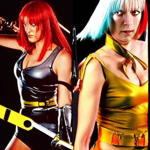 Prompt: leeloo from fifth element fighting beatrix kiddo from kill bill with mantis blades in cyberspace