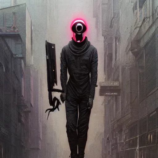 Image similar to dreary realism portrait of masked cyber punk helmet on the art deco streets of the big city, artstation, award - winning realistic sci - fi concept art by jim burns and greg rutkowski, beksinski, a realism masterpiece, muted color palette, james gilleard, bruegel, alphonse mucha, and yoshitaka amano