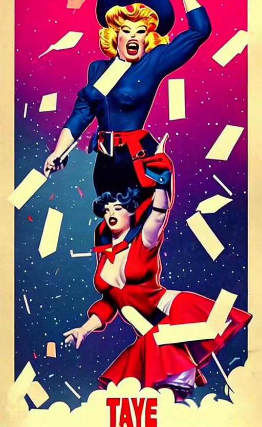 Prompt: rip taylor throwing confetti, retro - futuristic poster style by artgerm and arthur adams, amazing composition