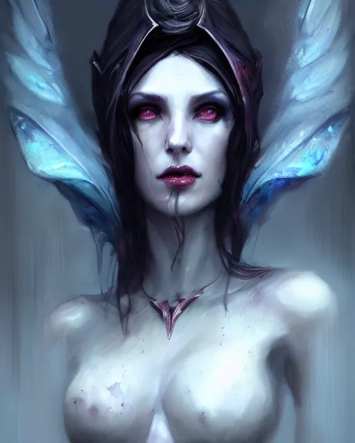 Image similar to wlop, bastien lecouffe deharme, daniel gerhartz, detailed portrait digital painting of a beautiful serious villainess wearing fantasy clothing like liliana vess, villainess has black angel wings, evil mood, hellish battlefield in the background, embers flying, unreal engine, hyper realism, realistic shading, cinematic composition, blender render, ultrawide shot