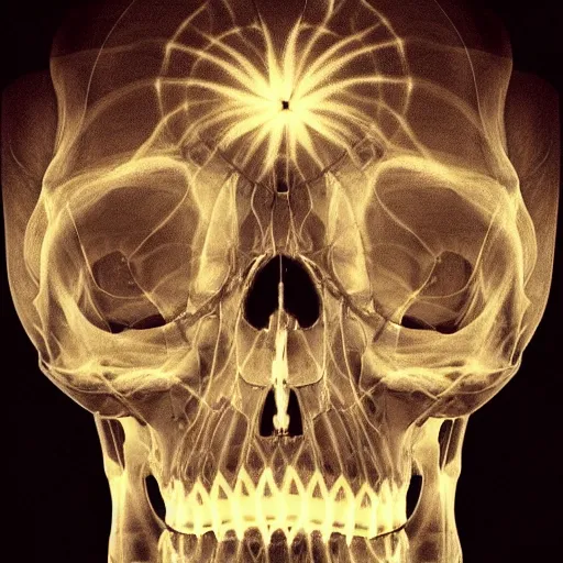 Prompt: x - ray skeleton. flowers around skull. glowing stars