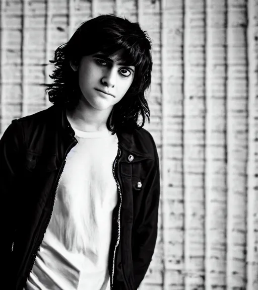 Image similar to an 8 5 mm professional portrait of nico di angelo, a young teenage boy with pale olive skin, black sullen eyes, long black hair, a reluctant smile, detailed professional photography, night lighting, defiant, ghosts theme, volumetric lighting