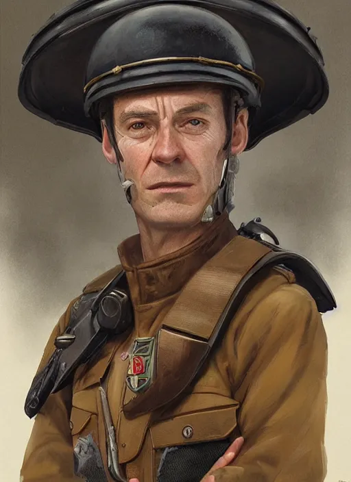 Image similar to a portrait of sam vimes wearing his city watch uniform with helmet, beautiful painting with highly detailed face by greg rutkowski and magali villanueve