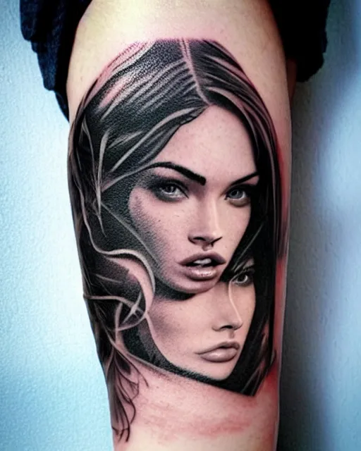 Image similar to creative double exposure effect tattoo design sketch of megan fox faded in beautiful mountain scenery, realism tattoo, in the style of matteo pasqualin, amazing detail, sharp