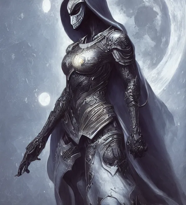 Image similar to female moon knight, hyper detailed, digital art, trending in artstation, cinematic lighting, studio quality, smooth render, unreal engine 5 rendered, octane rendered, art style by klimt and nixeu and ian sprigger and wlop and krenz cushart