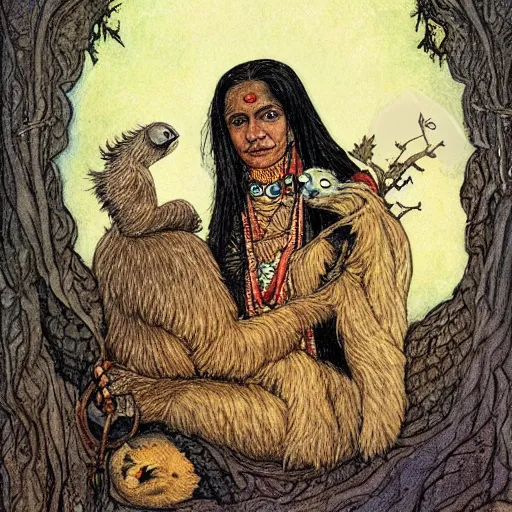 Prompt: a cottagecore indian witch holding a cute sloth, highly detailed, masterpiece, illustrated, art by rebecca guay